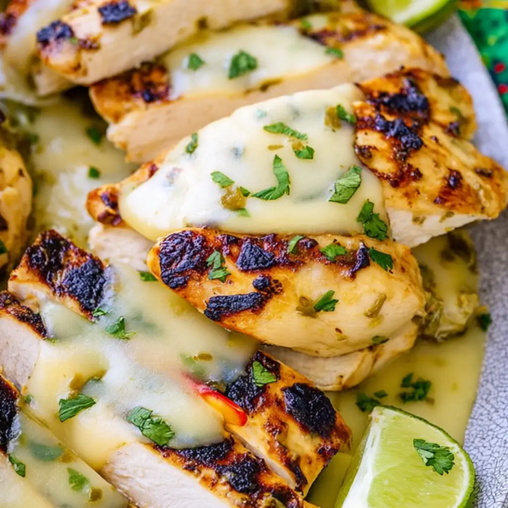 Grilled salsa verde pepper jack chicken with charred grill marks, melted pepper jack cheese, green salsa topping, and fresh cilantro garnish