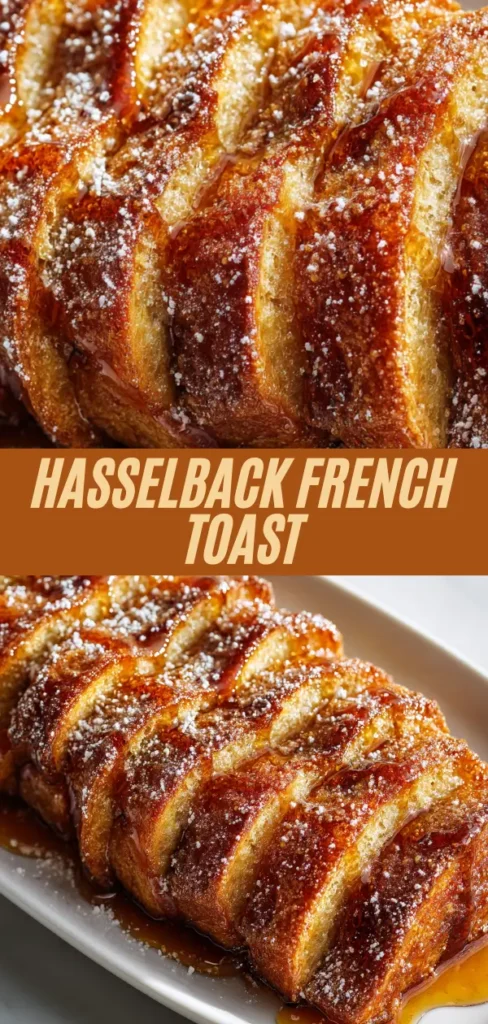 Hasselback French toast pinwheel loaf baked golden with powdered sugar and maple syrup drizzle