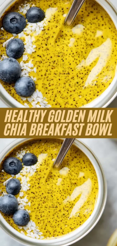 Vibrant golden milk chia pudding bowls topped with blueberries served with spoons