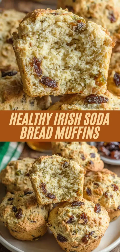 Close-up of a golden-brown Irish soda bread muffin sliced open to reveal a soft, airy texture filled with sweet raisins.