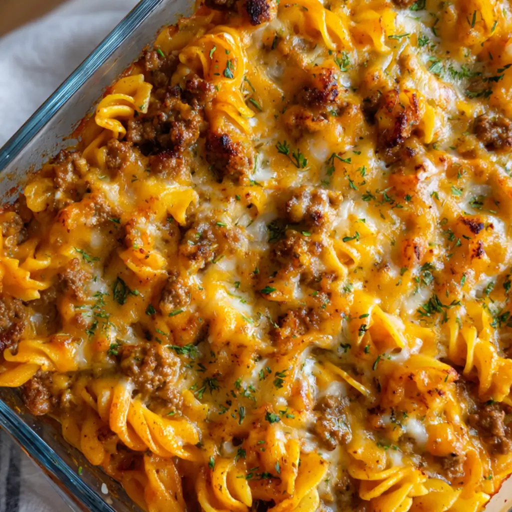 Overhead view of hearty Amish country casserole in white baking dish: bubbly rotini pasta with ground beef, tomato sauce, melted cheese, parsley topping on cloth