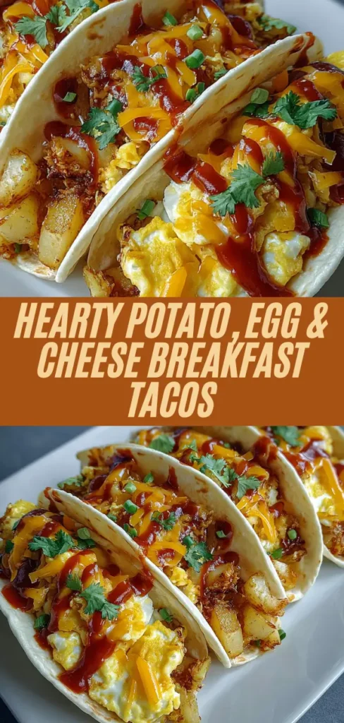 Tall pin of hearty potato egg cheese breakfast tacos topped with BBQ sauce and cilantro, overlaid text "Hearty Potato, Egg & Cheese Breakfast Tacos" with close-up fillings