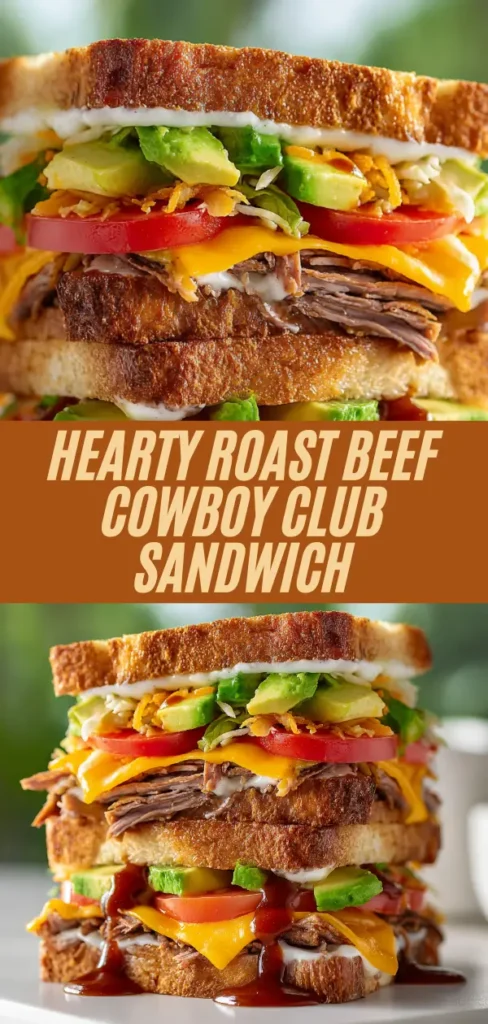 Hearty roast beef cowboy club sandwich recipe collage showing close-up and full view of triple-decker sandwich with roast beef, cheddar, avocado, tomato, and BBQ sauce