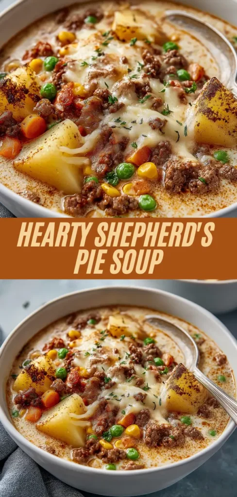 Vertical recipe pin for hearty shepherd's pie soup with two bowls of creamy beef potato veggie stew topped with cheese, spoon inside, overlaid text "Hearty Shepherd's Pie Soup"