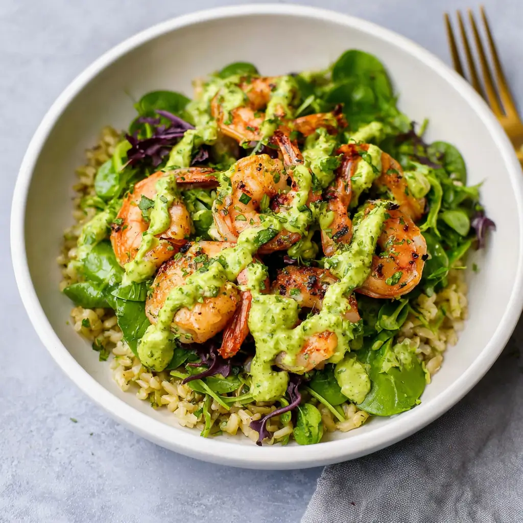 Grilled shrimp and rice bowl with mixed greens and creamy herb sauce