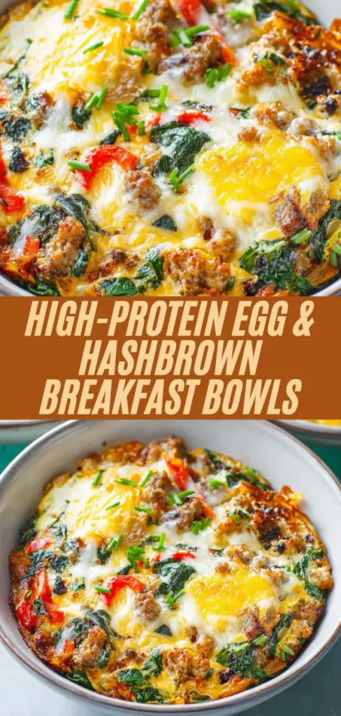 high protein egg and hashbrown breakfast bowls with sausage, peppers and spinach