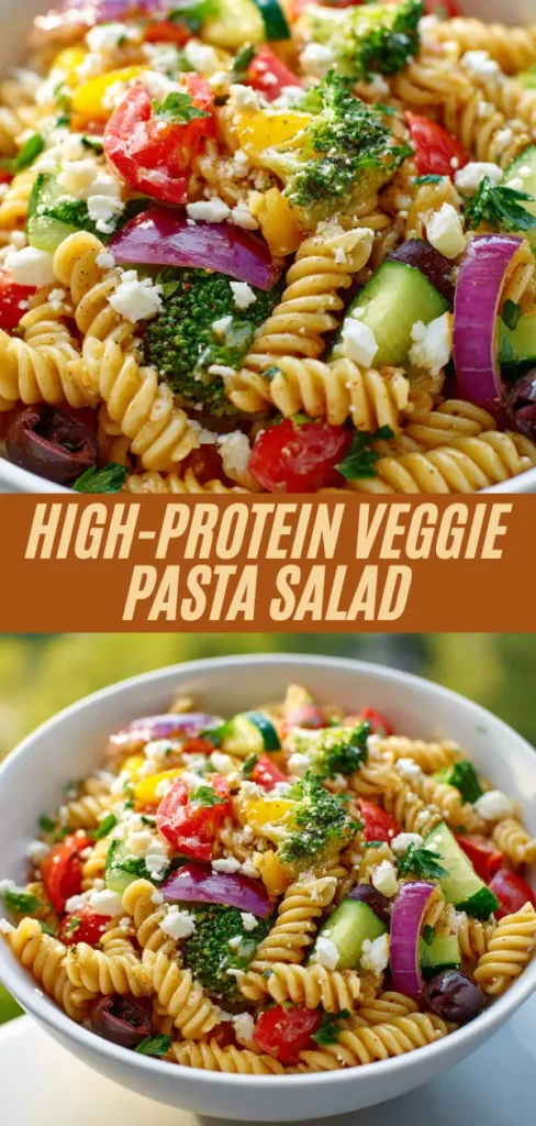 High-protein veggie pasta salad recipe collage showing close-up and bowl view of rotini with tomatoes, cucumbers, peppers, broccoli, olives, and feta cheese