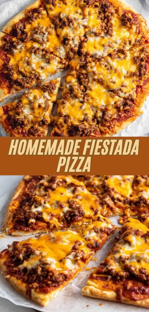 Golden homemade taco pizza topped with seasoned ground beef, rich red sauce, and bubbly melted cheddar cheese, sliced into hearty pieces on parchment paper