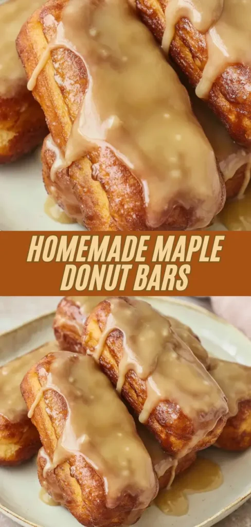 Stack of golden homemade maple donut bars on a plate, each one perfectly fried with a light crisp exterior, thickly coated in glossy maple glaze that drips enticingly down the sides