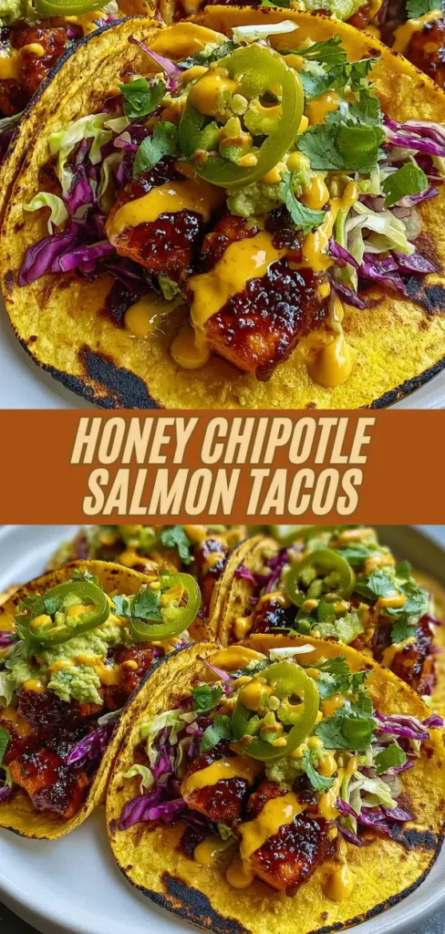 Colorful yellow corn tortillas filled with glossy honey chipotle glazed salmon pieces, topped with shredded purple cabbage slaw, creamy avocado, fresh cilantro, sliced jalapeƱos, and drizzled with extra spicy honey sauce