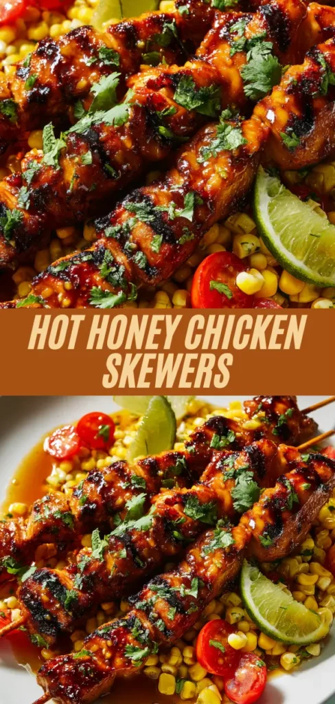 Hot honey chicken skewers recipe collage showing close-up and full plate view of caramelized glazed chicken on skewers over corn salad with cherry tomatoes, lime, and cilantro