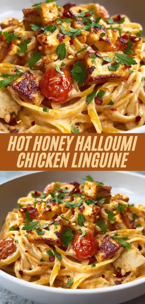 Creamy hot honey halloumi chicken linguine with cherry tomatoes and parsley