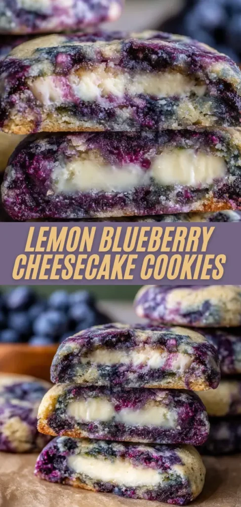 Stack of lemon blueberry cheesecake cookies showing creamy cheesecake filling and blueberry swirls.