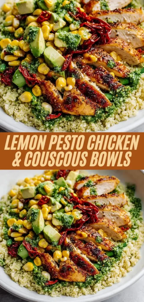 Lemon pesto chicken and couscous bowls recipe collage showing close-up and full bowl view with seared chicken, pesto couscous, corn, avocado, and sun-dried tomatoes