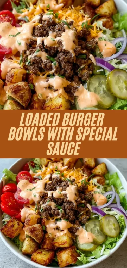 loaded burger bowls with ground beef, crispy potatoes, cheese, veggies, and special sauce plus bold recipe title overlay
