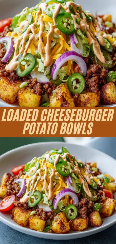 Loaded cheeseburger potato bowl with ground beef, roasted potatoes, cheddar, lettuce, jalapenos, and burger sauce