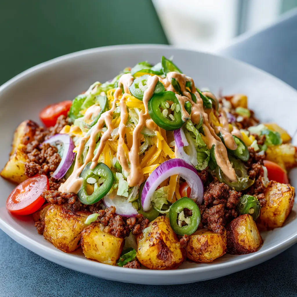 Loaded cheeseburger potato bowl with crispy roasted potatoes, seasoned ground beef, shredded lettuce, cheddar cheese, red onions, cherry tomatoes, jalapeños, and burger sauce drizzle
