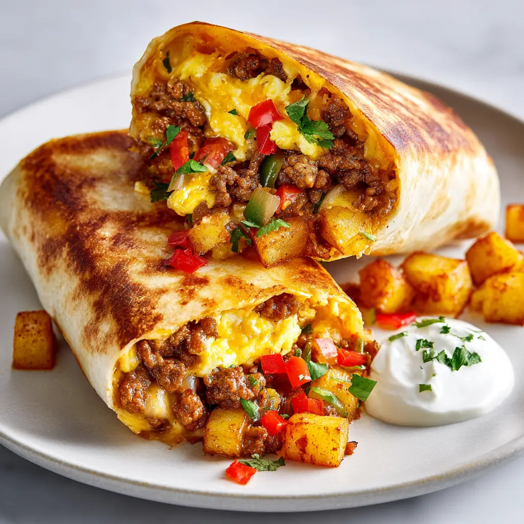 Close-up of loaded cowboy burrito sliced open revealing sausage, hash browns, scrambled eggs, cheese, bell peppers, potatoes, with sour cream and cilantro garnish