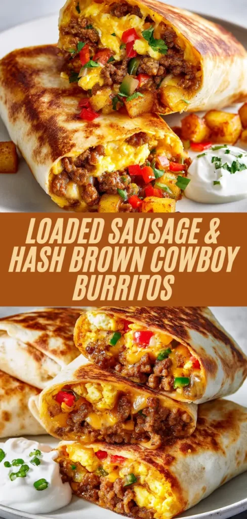 stacked loaded cowboy burritos with sausage, hash browns, eggs, cheese, peppers, sour cream, and bold recipe title overlay