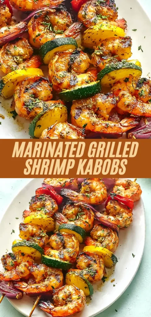 Marinated grilled shrimp kabobs with zucchini, red onion, and bell peppers