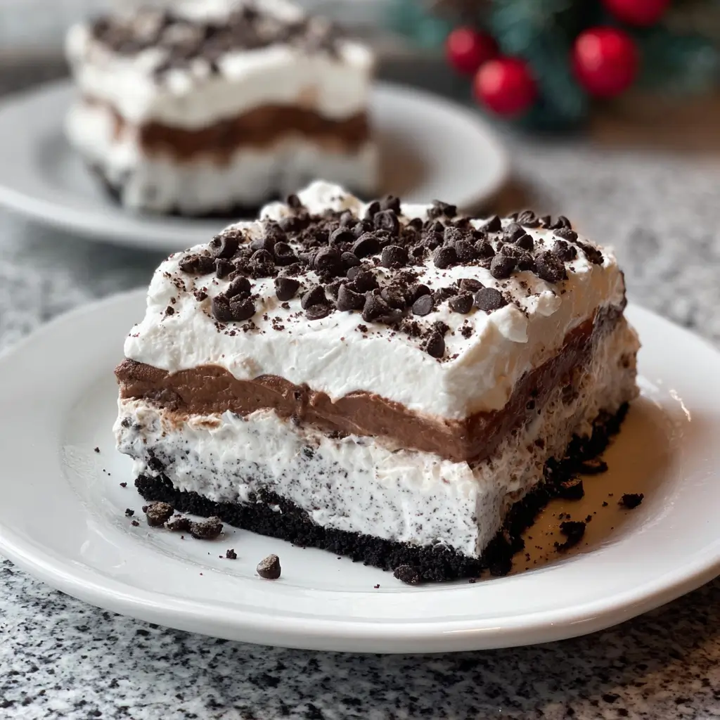 Slice of no-bake cookies and cream lush dessert with Oreo crust, chocolate mousse layer, whipped cream topping, and crushed Oreo crumbs, garnished with holiday greenery and berries