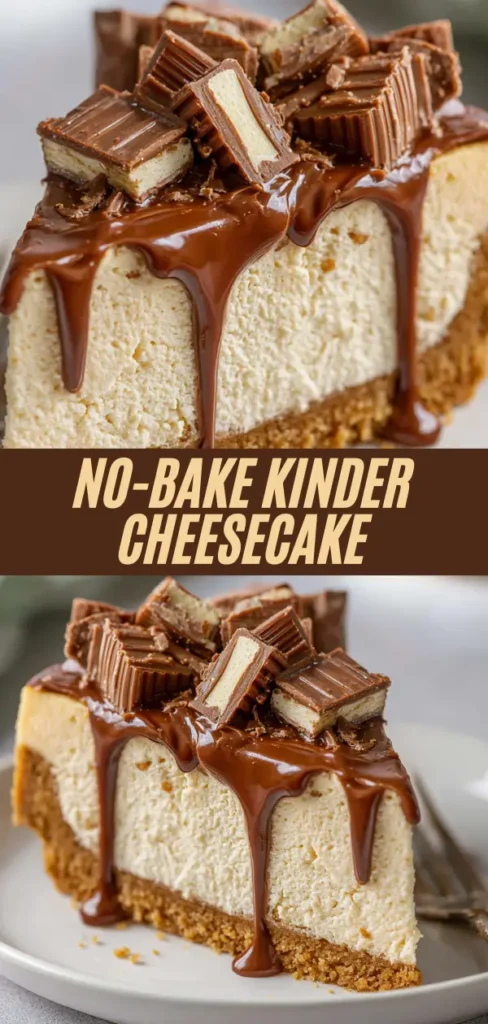 No-bake Kinder cheesecake recipe collage showing slice with graham crust, creamy Kinder filling, chocolate ganache drip, and chopped Kinder bar topping