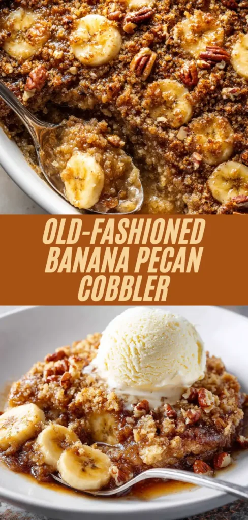 Old-fashioned banana pecan cobbler with sliced bananas, pecans, and vanilla ice cream, recipe text overlay