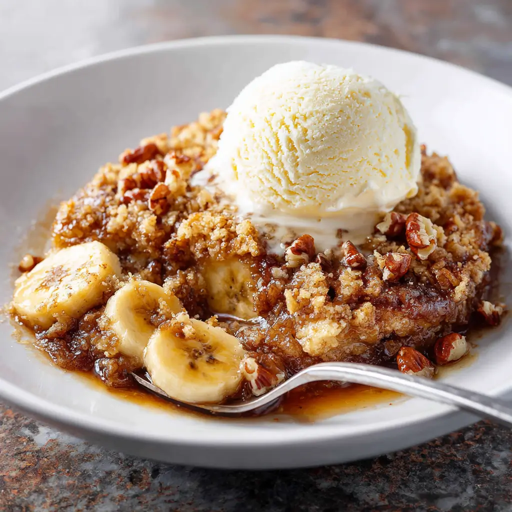 Old-fashioned banana pecan cobbler served warm with a scoop of vanilla ice cream on top