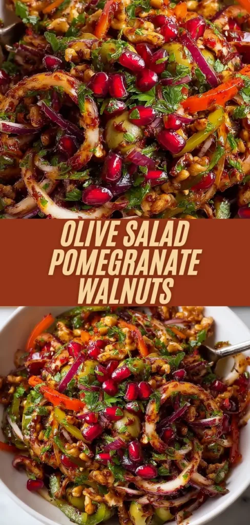 colorful olive salad with pomegranate arils, walnuts, olives, peppers, onions, herbs in glossy dressing, spoon ready, overlaid title
