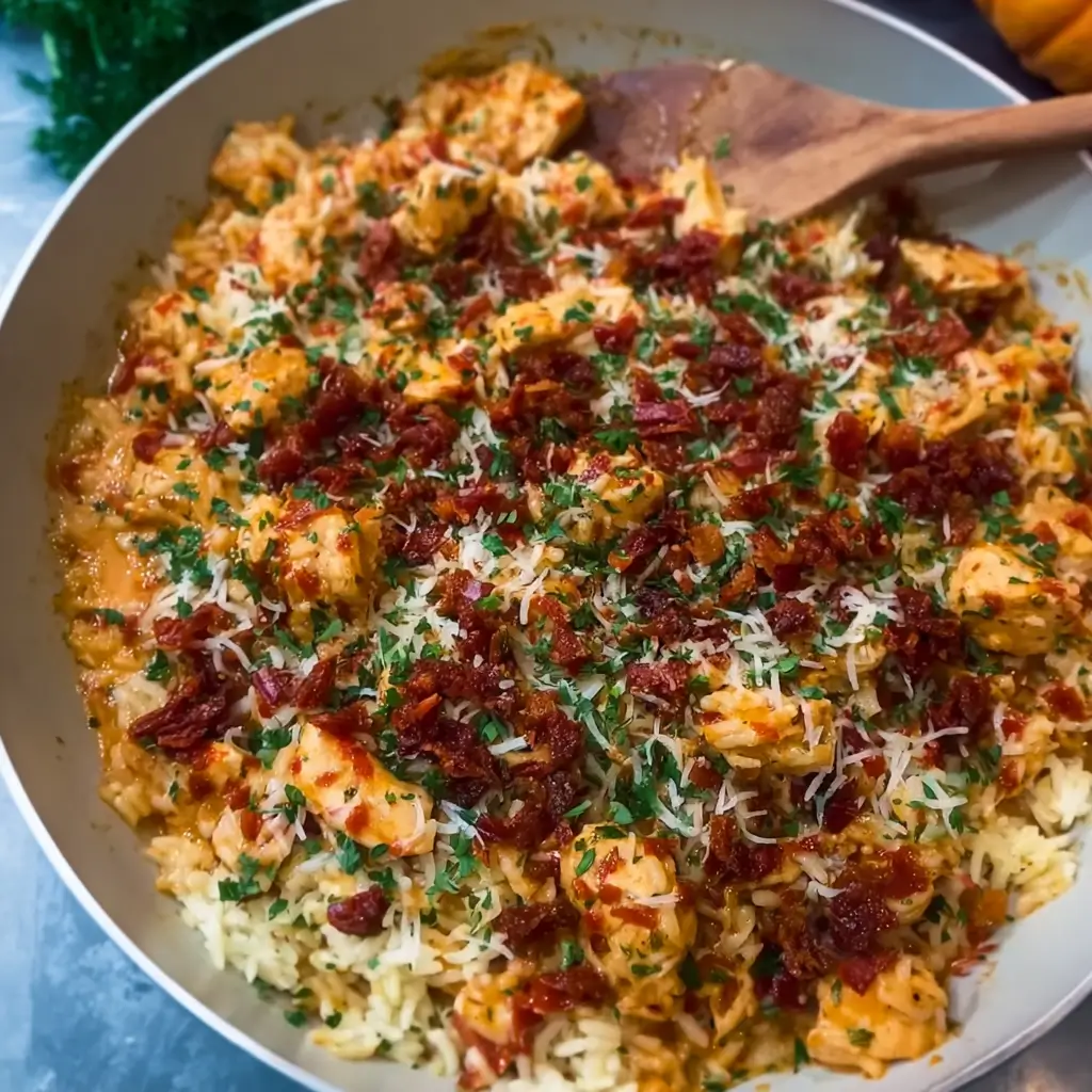 Bowl of creamy one pan marry me chicken rice with sun-dried tomatoes, fresh parsley garnish, and wooden spoon.