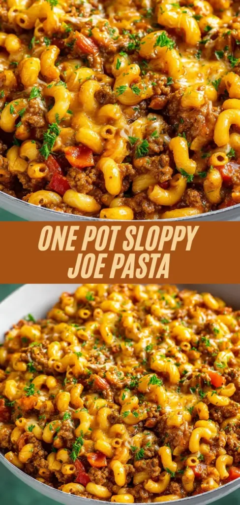 Vertical recipe card pin for one pot sloppy joe pasta with cheesy beefy macaroni bowls, overlaid text "One Pot Sloppy Joe Pasta" showing pasta, meat, peppers, cheese details