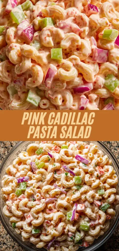 Creamy pink pasta salad with elbow macaroni, celery, bell peppers, red onions