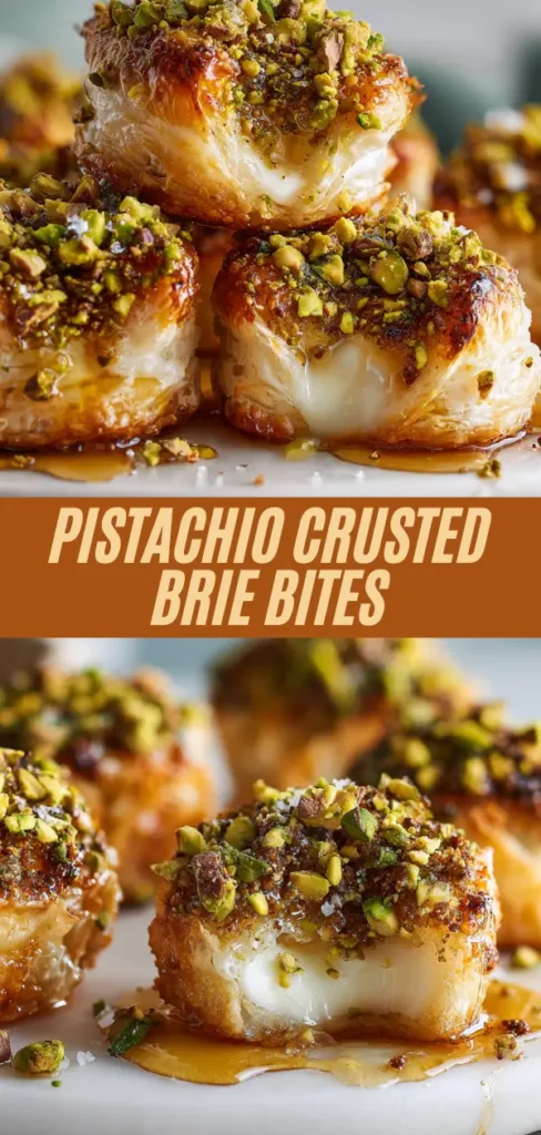 Pistachio crusted brie bites recipe collage showing stacked and close-up golden puff pastry with melted brie, crushed pistachios, honey drizzle, and sea salt