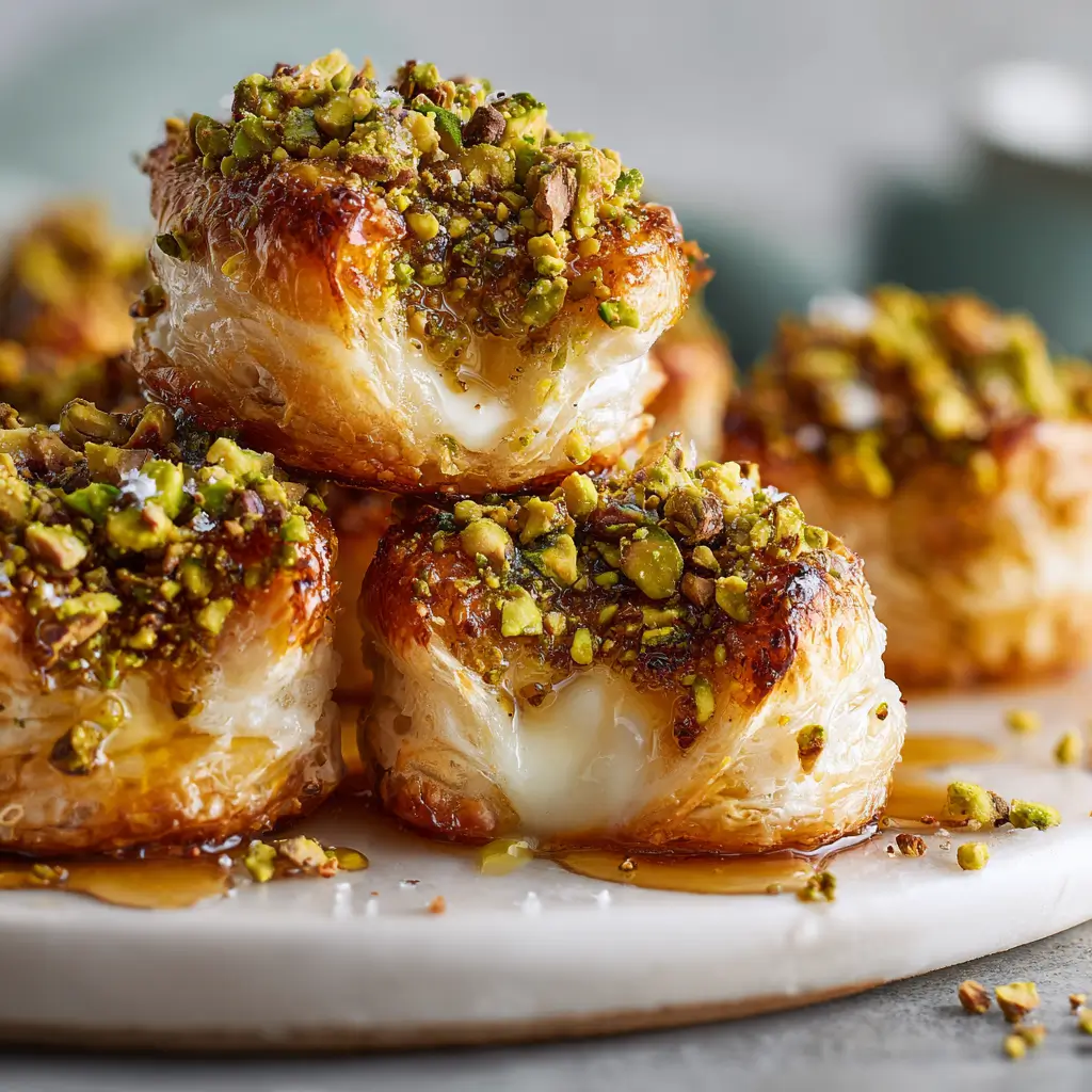 Stack of pistachio crusted brie bites wrapped in golden puff pastry, topped with crushed pistachios and honey drizzle on white plate