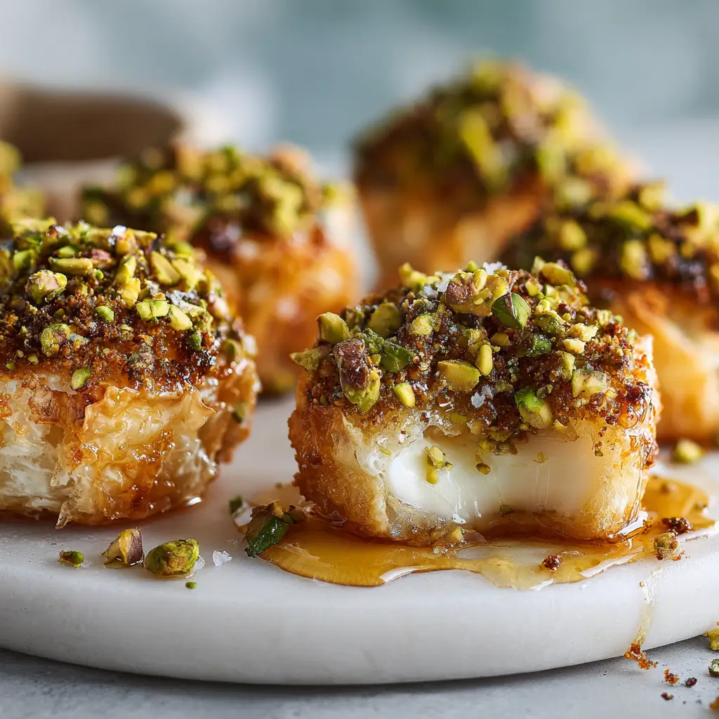 Pistachio crusted brie bites on white marble showing golden puff pastry with melted brie, chopped pistachios, honey drizzle, and sea salt