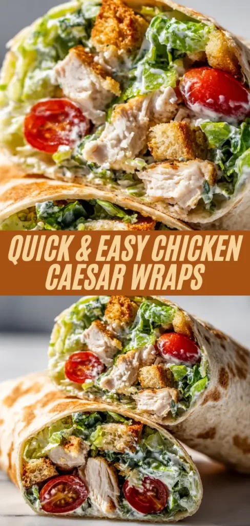 Quick easy chicken Caesar wraps stacked with crispy tenders, romaine, tomatoes, croutons, Caesar dressing