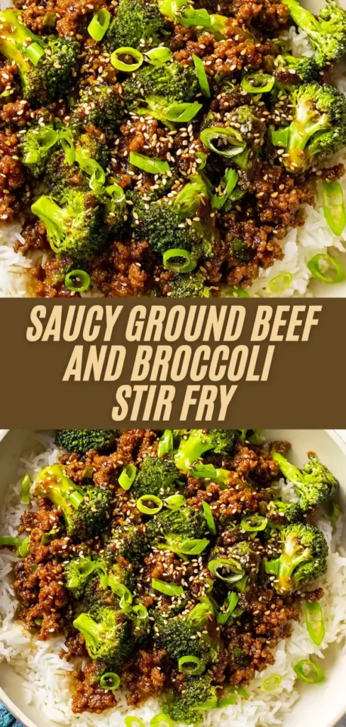 Saucy ground beef broccoli stir fry bowls over rice with green onions sesame seeds