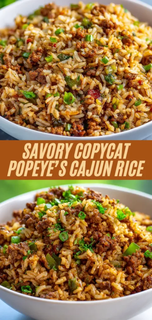 Savory copycat Popeyes Cajun rice recipe collage showing close-up bowls of spiced rice with ground meat, peppers, and fresh green onion garnish