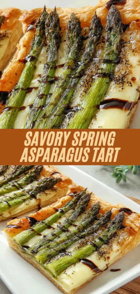 Flaky puff pastry tart loaded with creamy goat cheese base, topped with roasted asparagus spears, cracked black pepper, and drizzled with rich balsamic glaze