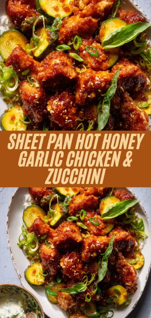 sheet pan hot honey garlic chicken with zucchini, rice, herbs, and dipping sauce, overlaid title text.