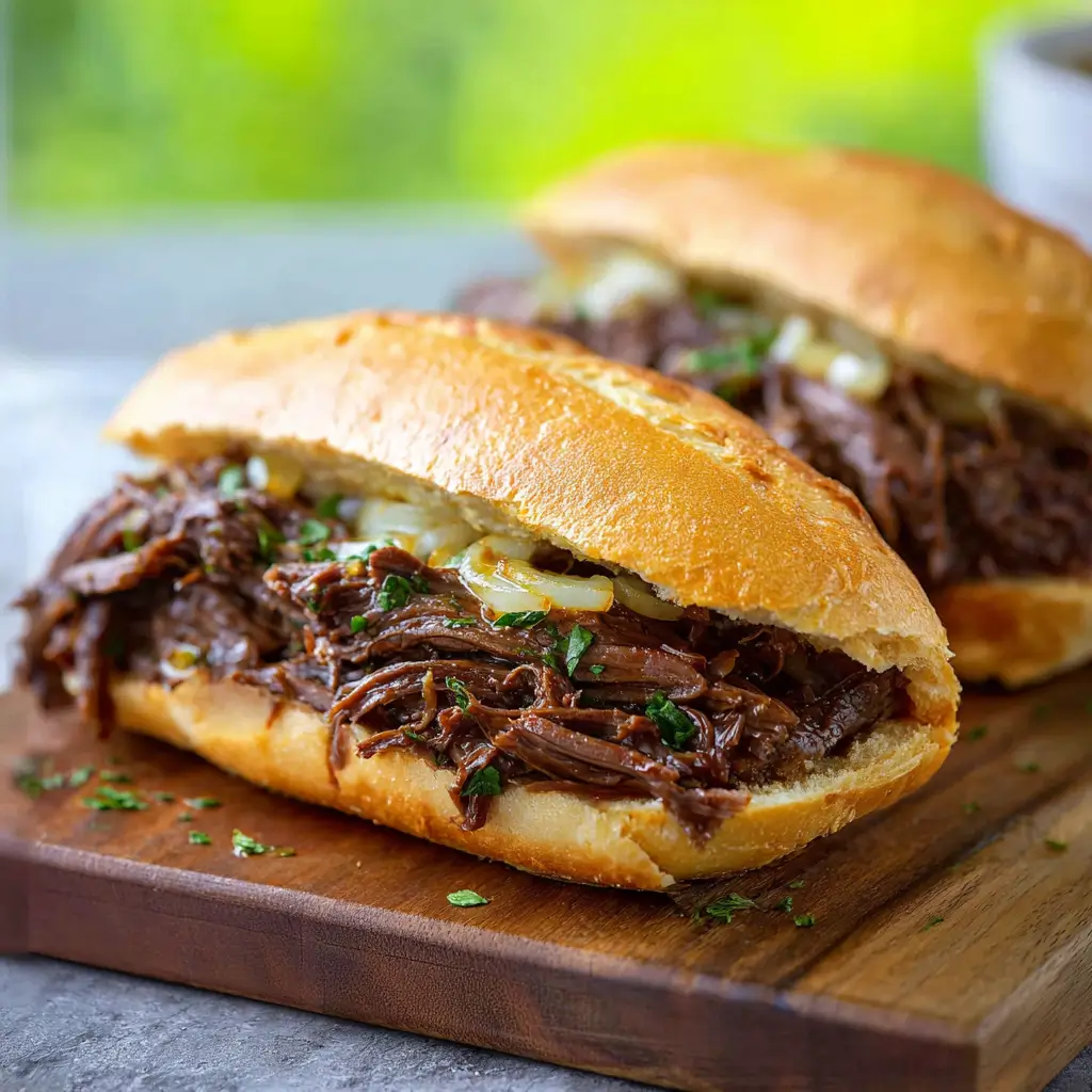 Slow cooker pulled beef sandwiches on toasted baguette rolls with caramelized onions and fresh parsley garnish.