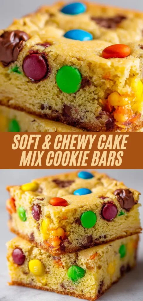 Soft chewy cake mix cookie bars stacked high with colorful M&Ms and melty chocolate chips