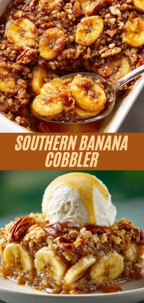 Vertical pin of Southern banana cobbler baking dish with spoon serving gooey bananas and pecans plus plated serving with ice cream