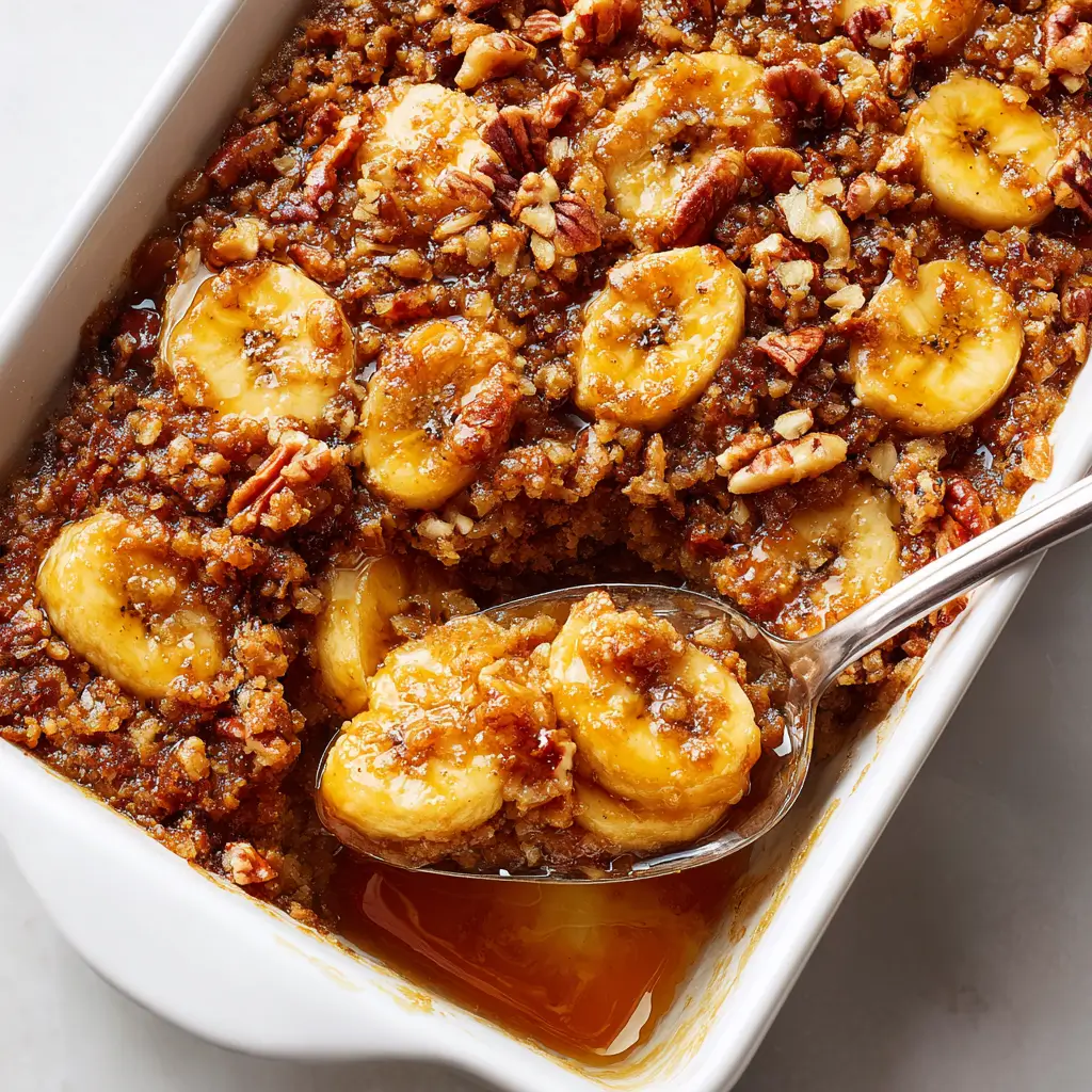 Fresh baked banana cobbler in white dish with caramelized bananas pecan topping and serving spoon scooping a portion