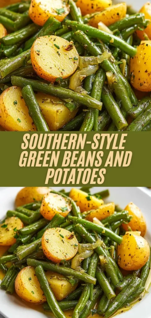 southern green beans and potatoes with onions, parsley, served on plate, overlaid title text