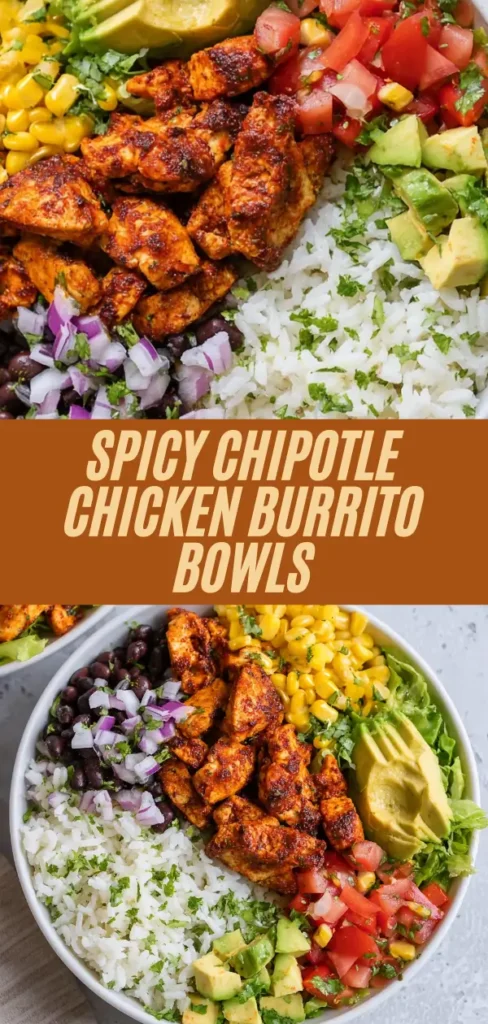 spicy chipotle chicken burrito bowls with rice, beans, corn, avocado, tomatoes, onions, lettuce, and overlaid title text