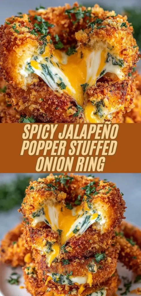 Golden crispy breaded onion rings stuffed with creamy jalapeño popper filling, one broken open revealing stretchy melted cheddar, spicy jalapeños, and spinach flecks, garnished with fresh chopped parsley