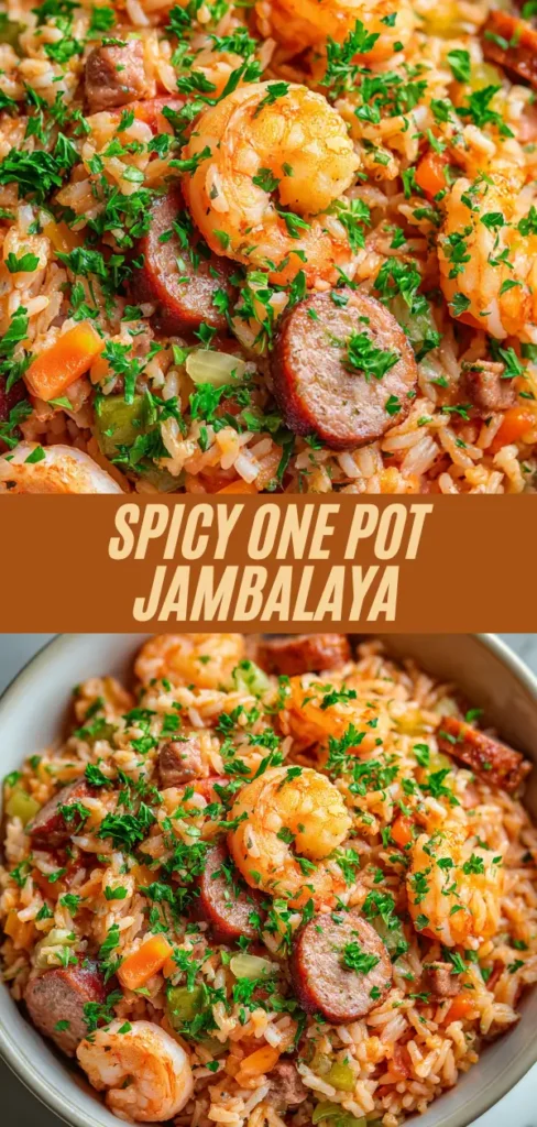 Two-photo Pinterest collage of spicy one pot jambalaya showing close-up and bowl views of seasoned red rice with juicy shrimp, sliced andouille sausage, bell peppers, celery, and fresh parsley with bold recipe title text overlay