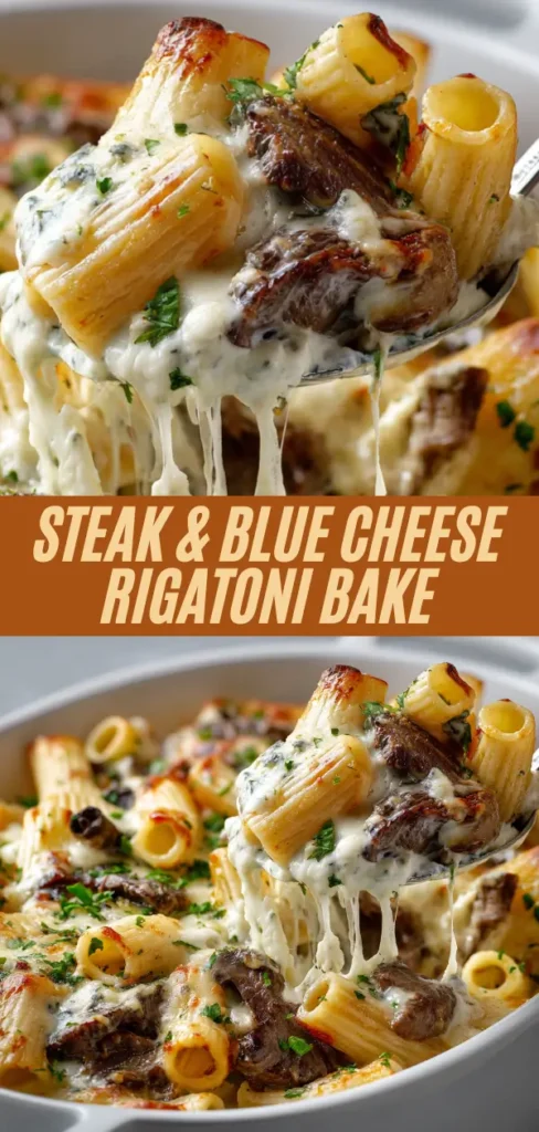 Creamy steak and blue cheese rigatoni bake with melted cheese and parsley garnish