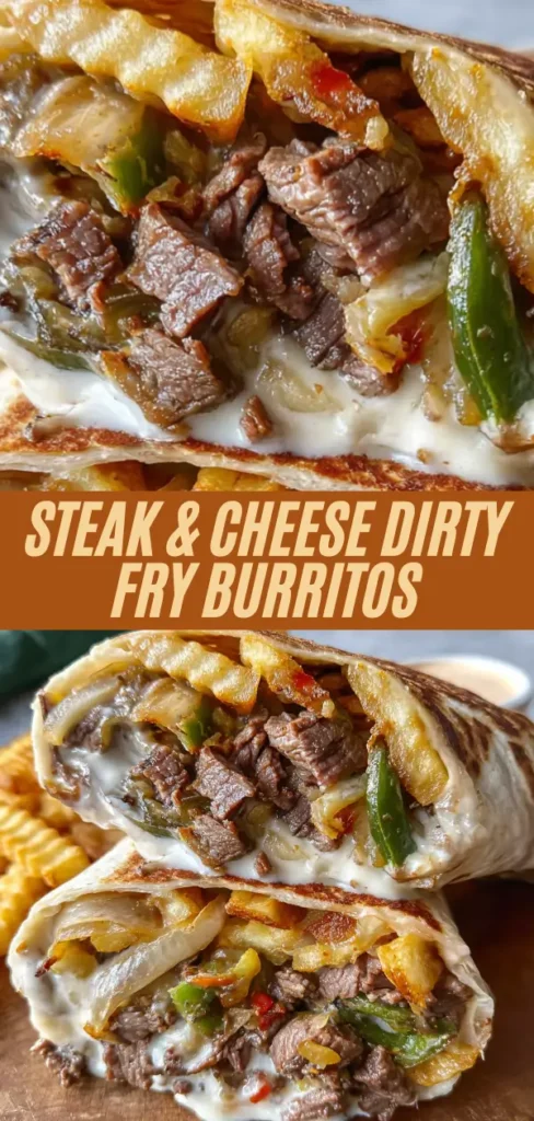 Vertical pin-style image showing loaded steak cheese dirty fry burritos with fries, peppers, onions, and melted cheese oozing from tortillas, close-ups of fillings and full wrap